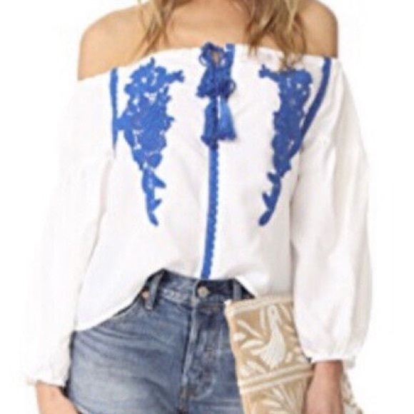 Line+Dot Revolve Valor Boho Embroidered Off The Shoulder Blouse White Blue Soft - Picture 7 of 8
